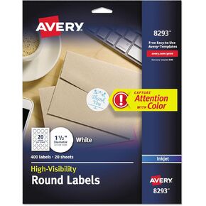 Avery Vibrant Color-Printing Round Address Labels, 1 1/2 Dia, White, 400/Pack
