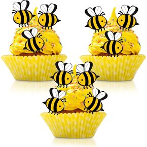 50PCS Bee Cupcake Toppers Bumble Bee Cupcake Picks Decoration Double Layer Bee Decoration, Bee Decor for Bee Theme Baby Shower Kids Boys Girls Birthday Party Decoration Supplies
