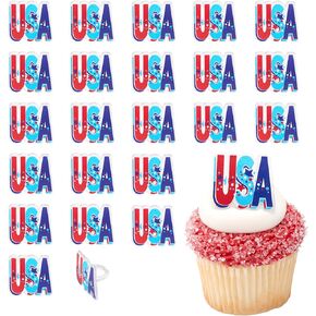 USA Cupcake Rings, 24 Red, White & Blue Cake Toppers For July 4th, Independence Day, Stars & Stripes, America - 24 Pack