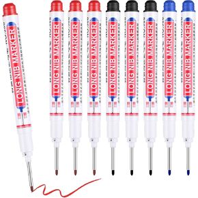 Bewudy 8 PCS Long Nib Marker Pen, Waterproof Deep Reach Markers, Construction Marker Pens, Fine Tip Permanent Marker Pens for Woodworking And Carpenters, Builders Hardware (Black/Blue/Red)