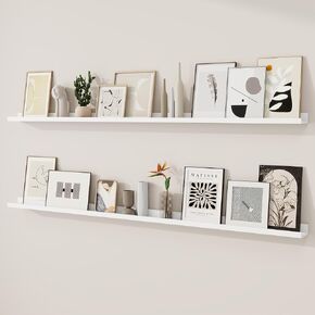 Picture Ledge Shelf, 16 inch Floating Shelves Set of 2, Wood Wall Shelves with Lip, Wall Decor Storage for Bedroom Living Room Bathroom Kitchen Nursery Photo Picture, White
