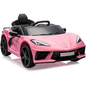 12V Kids Ride on Car Licensed Corvette Battery Powered Car Toddlers Electric Sports Car Toy with Remote Control, Visual Dashboard, LED Lights, Music, Gifts for Boys Girls, Rose Red