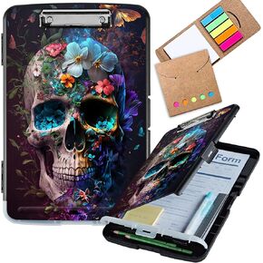DEGDFSGR Plastic Clipboard with Storage & Sticky Notes, Large Capacity Clipboard with Pen Holder Cute Clip Board Writing Board Nursing Clipboard Folio Black Clipboard Folder, Flower Butterfly Skull