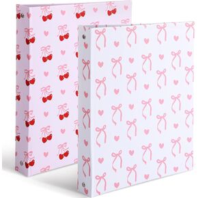 ReliThick 2 Pcs Cherry Coquette Pink 3 Ring Binder Bow Clipboard Cute Binders 1 Inch Round Ring with Interior Pockets for Coquette School Supplies Office A4 Paper