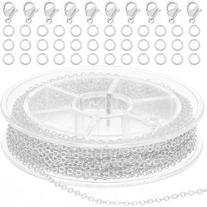 9.8Ft Stainless Steel Chain for Jewelry Making, Silver Necklace Link Cable Chains Roll with 10 Lobster Clasps and 30 Open Jump Rings, Charm Bracelet Supplies for Men Women DIY Craft - 1.5MM
