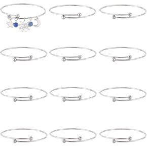 SUNNYCLUE 12Pcs Adjustable Wire Bracelet Silver Expandable Bangle Stainless Steel Open Cuff Bangles Set Bulk Bracelets with Irremovable Bead for Jewelry Making Charms Diy Craft Supplies Women Adult