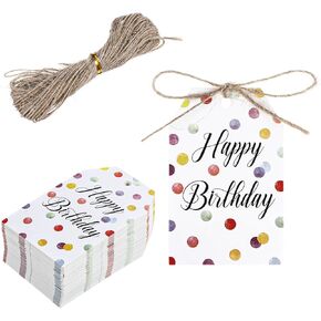 100 Pcs Happy Birthday Gift Tags Bag Tags for Gifts with String Personalized Birthday Labels Gift Stickers 8.5 X 5.5 Cm Colorful Dot Paper Tag for Presents Invitations Wish Cards Decoration