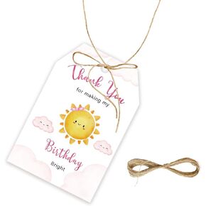 FORSHEEP 50pcs Sunshine Thank You Tags, Sun Gift Tag with String for Girl Birthday Party, Nice Weather Thank You Paper Tags for First Trip Around The Sun Birthday Party Favors