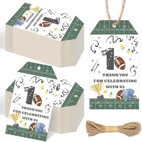 JOYMEMO 50pcs Football 1st Birthday Thank You Tags with String, First Year Down Football Decorations, Personalized Paper Labels Tag Party Favors for 1st Touchdown Birthday Party Supplies