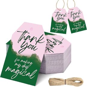 Honoson 100 Pcs Witch Themed Thank You Tags Pink and Green Magical Tags Witch Party Favors Thank You for Making My Day Goodie Gift Bags with Strings for Girls Women