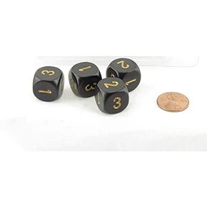 Black Opaque Dice with Gold Numbers D3 (D6 1-3 Twice) 16mm (5/8in) Pack of 4 Wondertrail