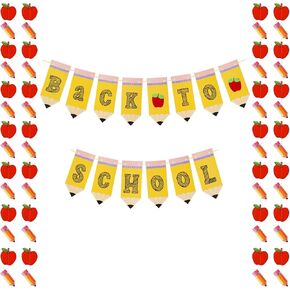 Back to School Pencil Banner, First Day of School Party Decorations 4 Strings Pencil Apple Welcome Back to School Decorations for Classroom OfficeGarland Banner