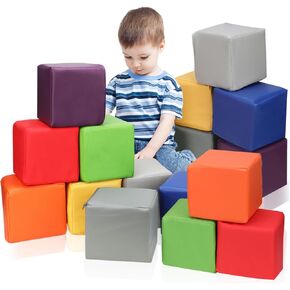 16 PCS Foam Blocks PU Leather Soft Building Play Soft Cubes for Kids Colourful Foam Stacking Blocks for Indoor or Outdoor Play-Set Preschool Learning