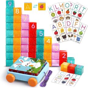 Building Blocks for Toddlers, 40 PCS 1.3inches Acrylic ABC & Number Stacking Blocks Toys for Kids with Color ID Cards, Alphabet Learning and Educational STEM Toy for Boys Girls Gifts 3 4 5 6