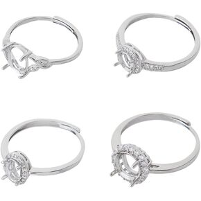 4Pcs Adjustable Ring Base Blank Sterling Silver Claw Ring Blank Hollow Pad Ring with Flat Base and Cabochon Base Bezel Tray Settings for DIY Ring Jewelry Making