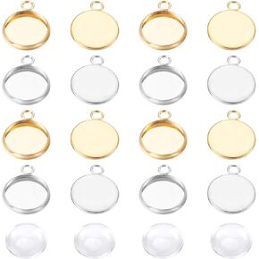 UNICRAFTALE 40 Sets 2 Colors 12mm Flat Round Tray Pendants Making Kits 304 Stainless Steel Pendant Cabochon Settings and Clear Glass Cabochon for Women Necklaces Jewelry Making