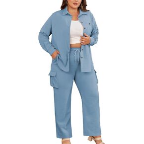 AOVDE المرأة حجم كبير 2 قطعة ملابس طويلة الأكمام زر أسفل قميص بنطال ذو قصة أرجل واسعة عادية الشارع الشهير بانت مجموعات للنساء in Kuwait