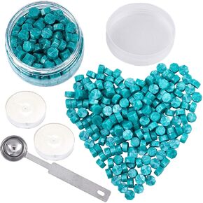 CRASPIRE 210PCS Wax Seal Beads Green Octagon Sealing Wax Beads Kit Packed in Can 9mm Wax Seal with 2Pcs White Tea Candles 1 PC Metal Wax Melting Spoon for Letter Greeting Card Wax Sealing Stamp