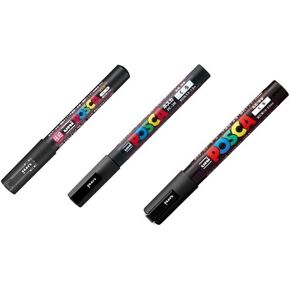 Uni POSCA Black Fine Paint Marker Pens, 3 Different Point Sizes per Pack: PC-1M-24(0.7 mm), PC-3M-24(0.9~1.3 mm), PC-5M-24(1.8~2.5 mm) - total 3 pens- Made in Japan