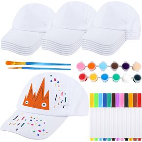 SGBETTER 36 Pcs Kids White Baseball Caps Set Include 18 DIY Baseball Hats 12 Colors Acrylic Paint Strips 4 Painting Brushes and 12 Markers Pen for Boys Girls Painting Supplies