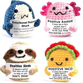 Mini Positive Crochet Animals 4PS,Inspirational Birthday for Women,Cute Handmade Emotional Support Crochet Animals Axolotl Taco Shark Sloth Doll with Positive Card Desk Decor