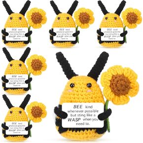 6 Pack Handmade Crochet Bee Plush with Inspirational Cards, Mini Stuffed Bees & Sunflower, Encouragement Gifts for Friends & Coworkers, Motivational Party Favors, Desk Decor