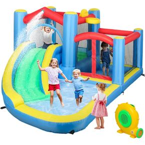 Qaba Inflatable Water Slide, Water Bounce House for Kids Outdoor Fun with Large Trampoline, Splash Pool, 550W Blower, Basketball Hoop, Dart Board, Jumping Castle Kids Backyard Party Gifts