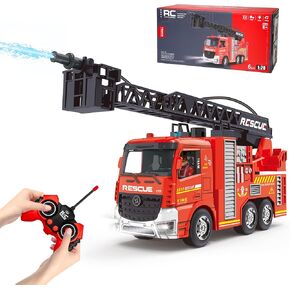 Remote Control Fire Truck Toy - Fireman Fire Truck with Jet Pump and Lights, Red Toy for 3 Year Old Boys, Girls and Toddlers