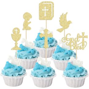Gyufise 24Pcs Glitter Boy God Bless and Baptism Cupcake Toppers Cross Babyshower Cupcake Picks for Christian Party Decoration Supplies Silver