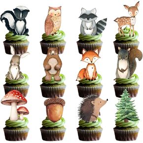 48 Woodland Cupcake Topper, Forest Animal Cupcake Toppers for Woodland Baby Shower Decorations, Neutral Forest Animals Gender Reveal Party Supplies