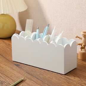 Sherr Scalloped Wooden Pencil Holder for Desk Wooden Office Desk Organizers and Accessories with 4 Compartments Cute Makeup Brush Holder Organizer for Bathroom Remote Caddy for Table for Party