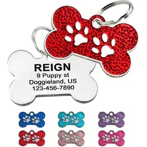 Custom Engraved Bone Paw Dog Tag ID, Stainless Steel Sparkly Cute Tag for Small Dogs & Puppies with Split Ring and Your Personalized Name and Contact info