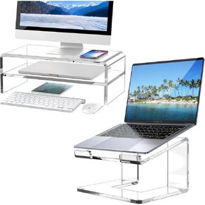 Clear Acrylic Monitor Stand Riser 2 Tier مع جهاز الكمبيوتر المحمول الأكريليك للمكتب