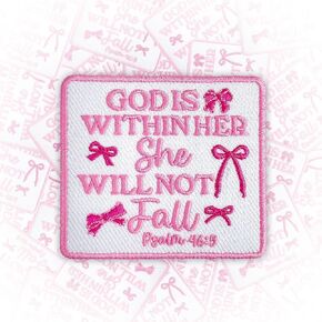 Coquette Bow God is Within Her She Will Not Fall Patch 3 Inches Iron On/Sew On Embroidered Applique for Trucker Hats Clothes Backpacks, Christian, Religious, Jesus DIY Funny Accessories Girls Gift