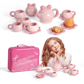 Kids Tea Set,11 Pcs Porcelain Tea Set for Girls 3 4 5 6 7 8 Includes Teapot, 4 Tea Cup and Saucers, Creamer and Sugar Bowl Tea Set for Little Girls, Toddlers Tea Party Set for Girl Birthday Gift