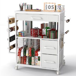 Wrapping Paper Storage Cart (2025 Upgraded), Rolling Gift Wrapping Organizer with Silent Universal Wheel, Wrapping Paper Organizer, Craft Storage with Ribbon and Gift Bag Storage