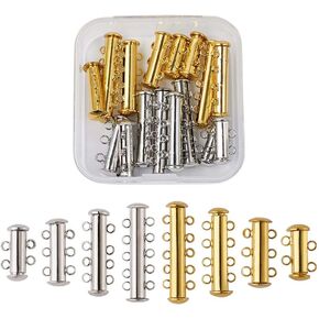 KISSITTY 16 Sets 2~5 Strands Brass Magnetic Slide Lock Clasps Mixed Colors Multi-Strand Necklace Bracelet Tube Clasps