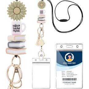 2025 Teacher Lanyards with ID Holder - Cute Pencil Book Silicone Beaded Retractable ID Card Lanyard, Detachable Lanyard with Transparent Card Holder Set Gifts for Women