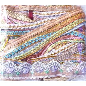 Antique Vintage Sari Trim Lace Pastel Lot Assorted Gift Wrapping Ribbon for Bows 20 Pieces Total 20 Yards (1 Yard Each) Zari Art Craft Scrapbook Borders India Journal DS355