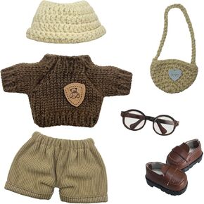 17cm Doll Clothes 6 PCs Accessories Outfits Brown Shoes Sweater Glasses Pants Hat Crochet Clothing Set for Keychain, No Doll(Brown)
