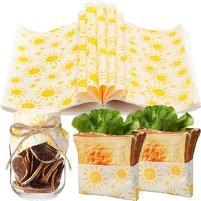 100 Sheet Bohemian Sun Wax Paper for Food Tissue Paper Gift Wrapping Yellow Sun DIY Baking Kitchen Package for Summer Hawaii Wedding Picnic Hamburgers Sandwiches Desserts