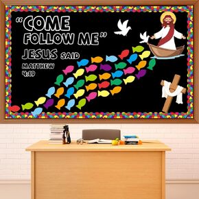 Religious Classroom Bulletin Board Decor Christian Bible Cutouts Sunday School Supplies Fishers of Men Bulletin Board Colorful Fish Name Tags Jesus for Church Back to School Chalkboard Wall Door Decor