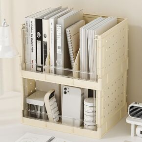 Desktop Bookshelf for Desk Organizer, Foldable Tabletop Bookshelf, Small Cream Color File Organizer Vertical with Storage Space for Magazine Holders, Office, Art Supplies, School, Classroom