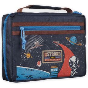 Christian Art Gifts Fashion Polyester Bible Cover for Boys & Girls: Be Strong Inspirational Scripture, Blue Multicolor Outer Space Travel Theme, Sturdy Pockets, Zippered, Pen Loops, Easy Carry, Small
