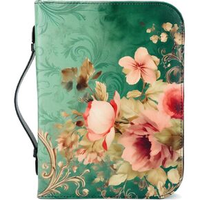 Bible Cover Case for Women, PU Leather Bible Carrying Case with Floral Design, Handles, and Pockets, Large Bible Covers for Study, Church, or Gift