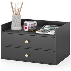 Bamboo Desk Organizer with Drawers Wooden Desktop Storage Drawers for Bills Office Supplies Kitchen Utensils Organizing Tool for Home Classroom Organization No Assembly (2 Drawers, Black)