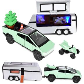 3-in-1 Pickup Truck Sets with RV and Motorcycle，Pickup Toy with Sounds and Lights, 1/32 Diecast Truck for Kids 3 Year Old and Up, Christmas Birthday Gifts for Boys Girls (Silver)
