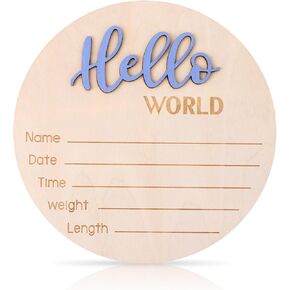 Baby Announcement Sign, 5.9 Inch Wooden Hello World Newborn Welcome Sign Birth Announcement Name Plate for Hospital Nursery (Blue Cashmere)
