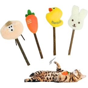 4 Pack Nature Silvervine Catnip Sticks, Cat Toys for Indoor Cats, Interactive Chew Toy for Teeth Cleaning, Carrot Duck Sheep Bunny Plush