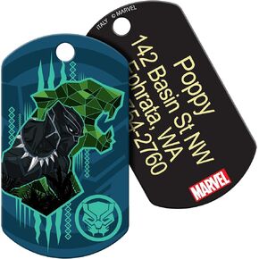 Marvel's Black Panther Silver Seal Dog Tag ، Marvel Cinematic Universe Super Hero Pet ID علامة محفورة بالاسم المخصص ، جولة